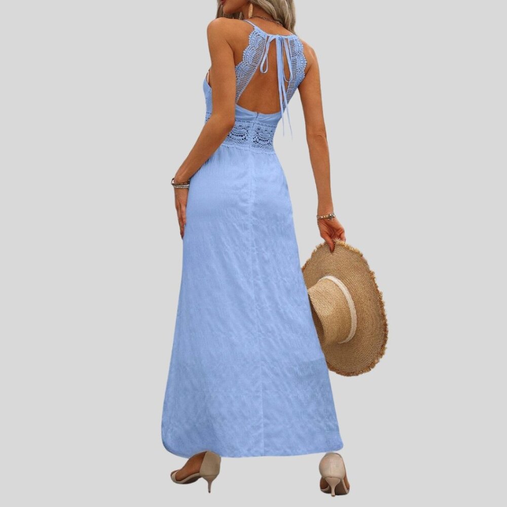 Boho Hollow Out Lace Backless Maxi Dress Blue - Picture 3 of 8